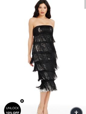 Strapless Black Fringe Sequin Midi Dress
